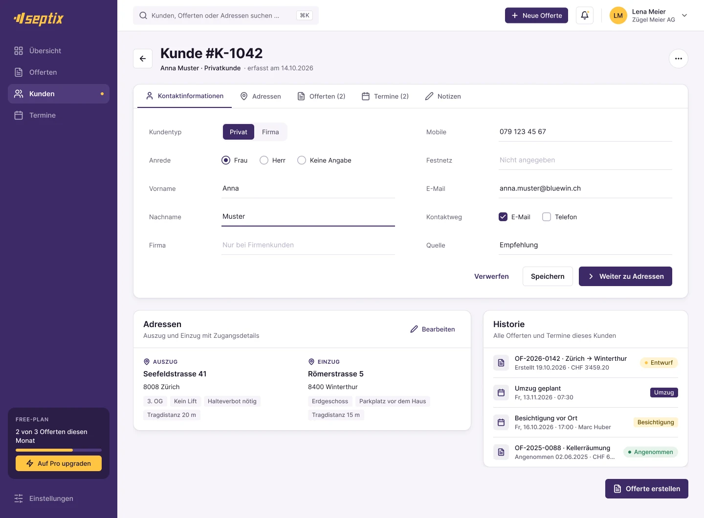 Kundenseite mit Tabs Kontaktinformationen, Adressen, Offerten, Termine und Notizen