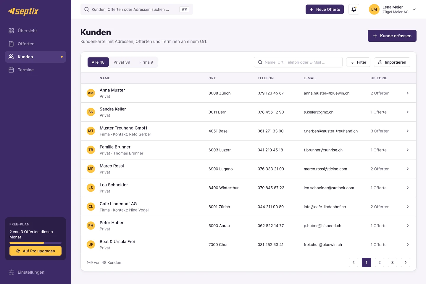 Kundenliste mit Suche, Filter und Spalten Name, Ort, Telefon, E-Mail, Historie