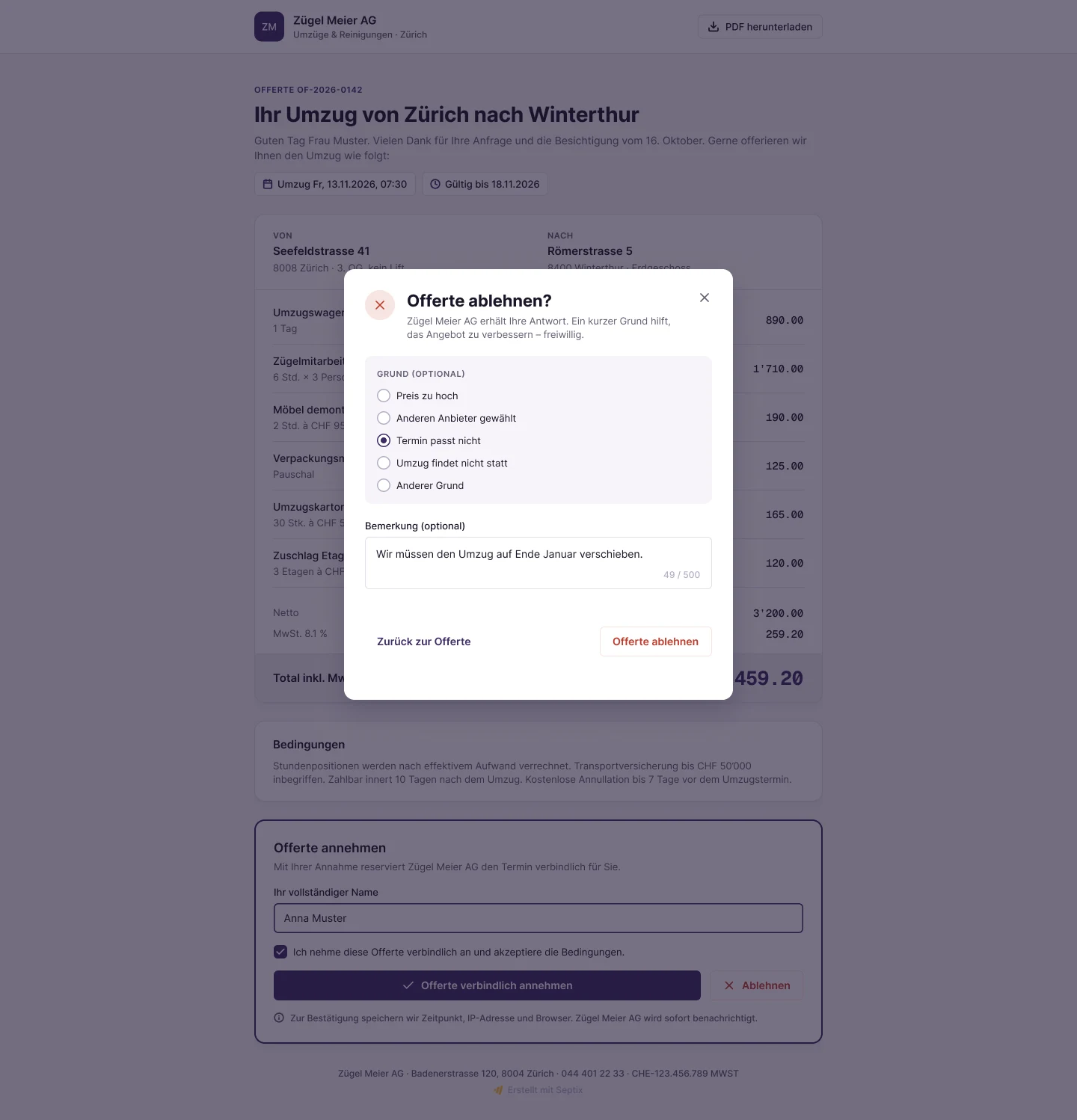 Dialog Offerte ablehnen mit optionalem Grund und Bemerkung