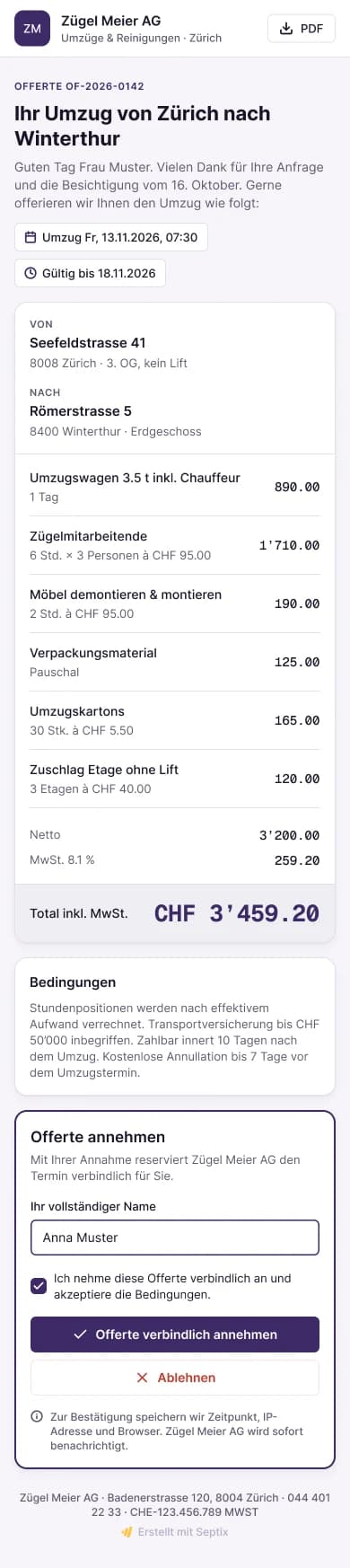 Kundenansicht einer Offerte auf dem Handy