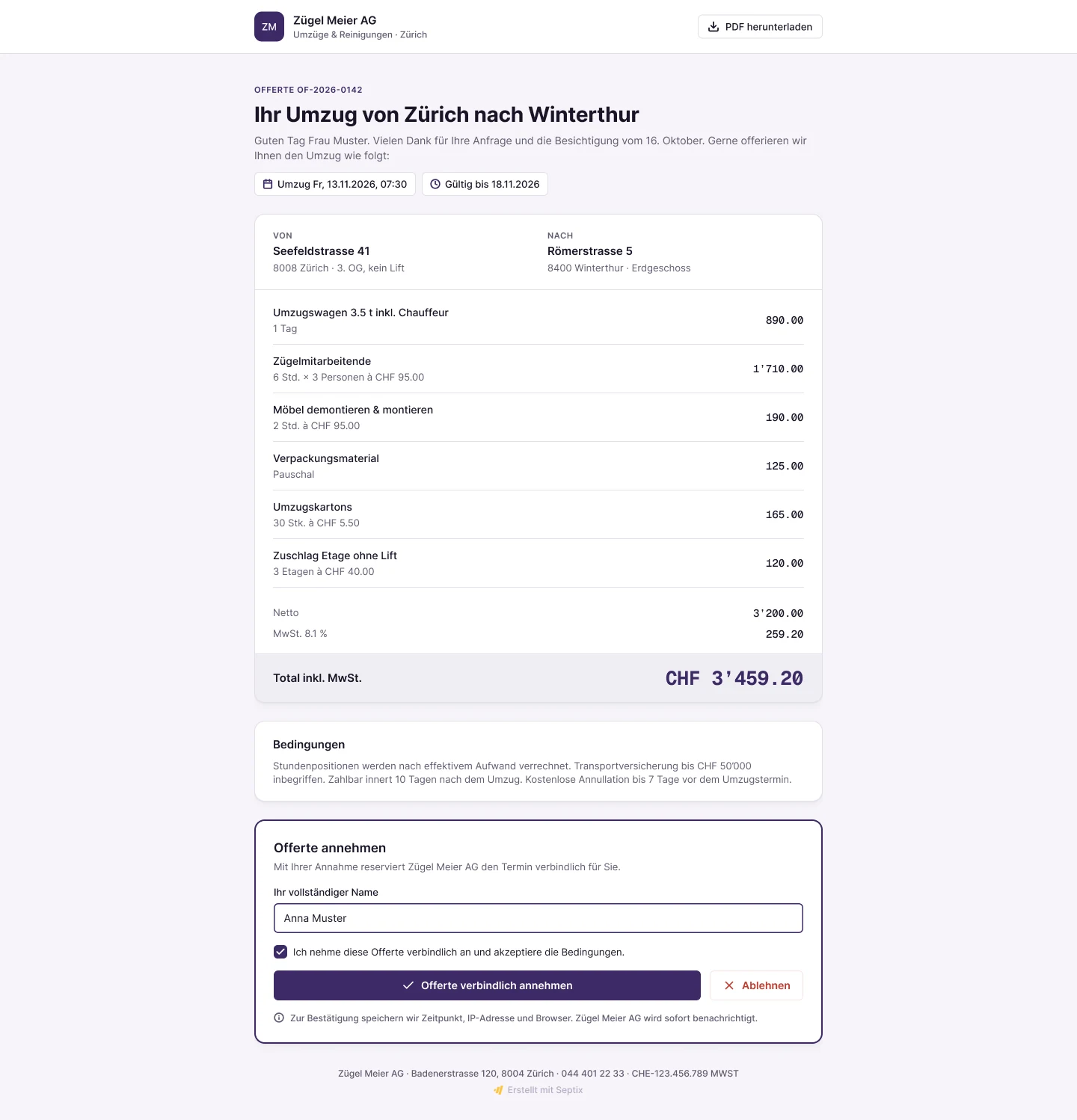 Kundenansicht einer Offerte am Computer mit Positionen und Annahme