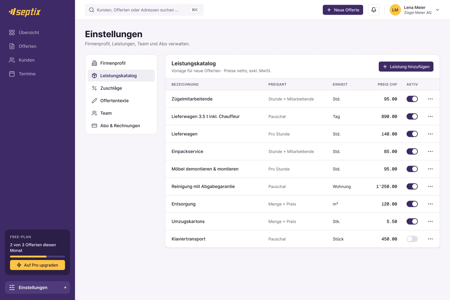 Leistungskatalog in den Einstellungen mit Bezeichnung, Preisart, Einheit, Preis und Aktiv-Schalter