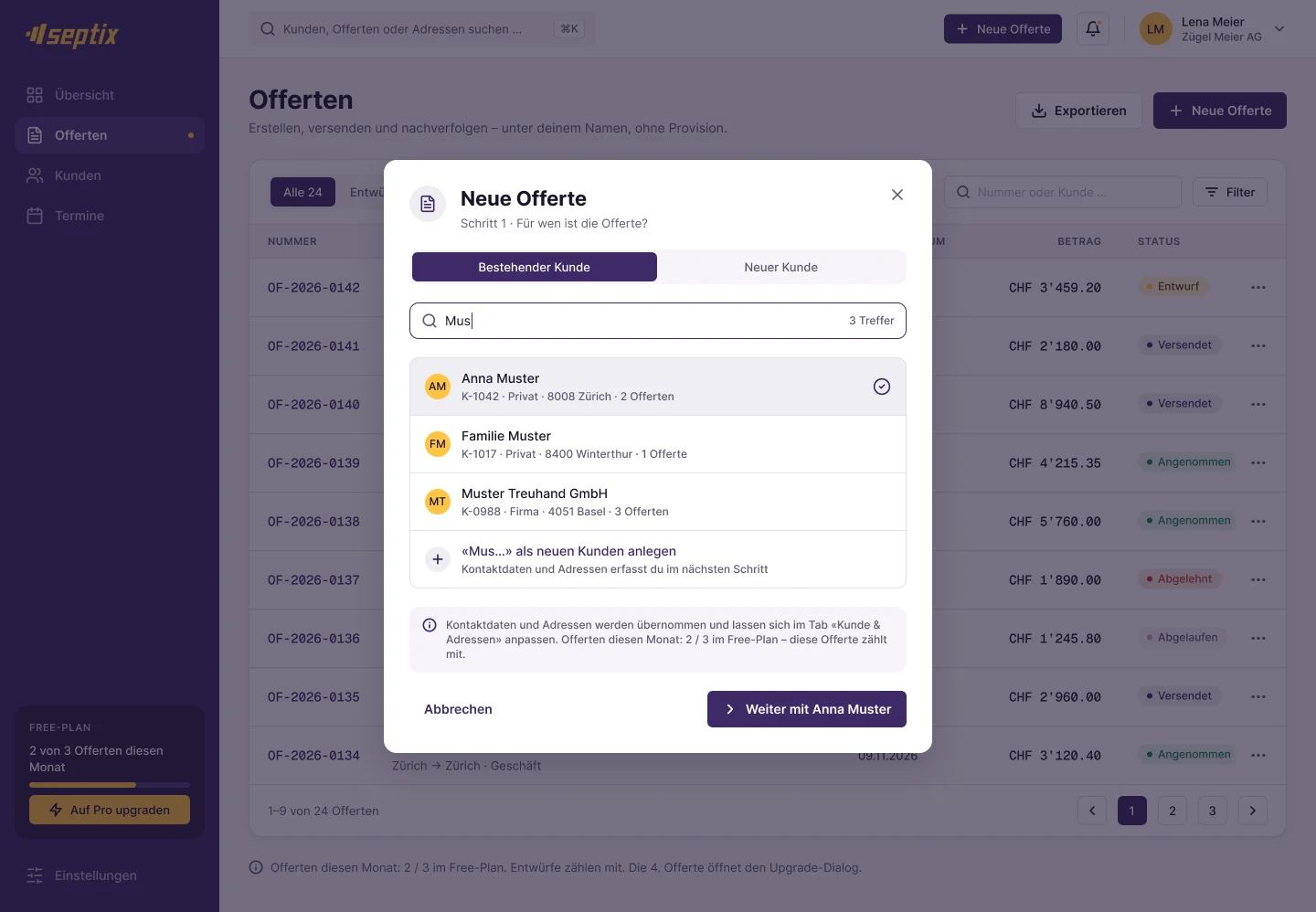Dialog Neue Offerte: Kunde suchen oder neu anlegen