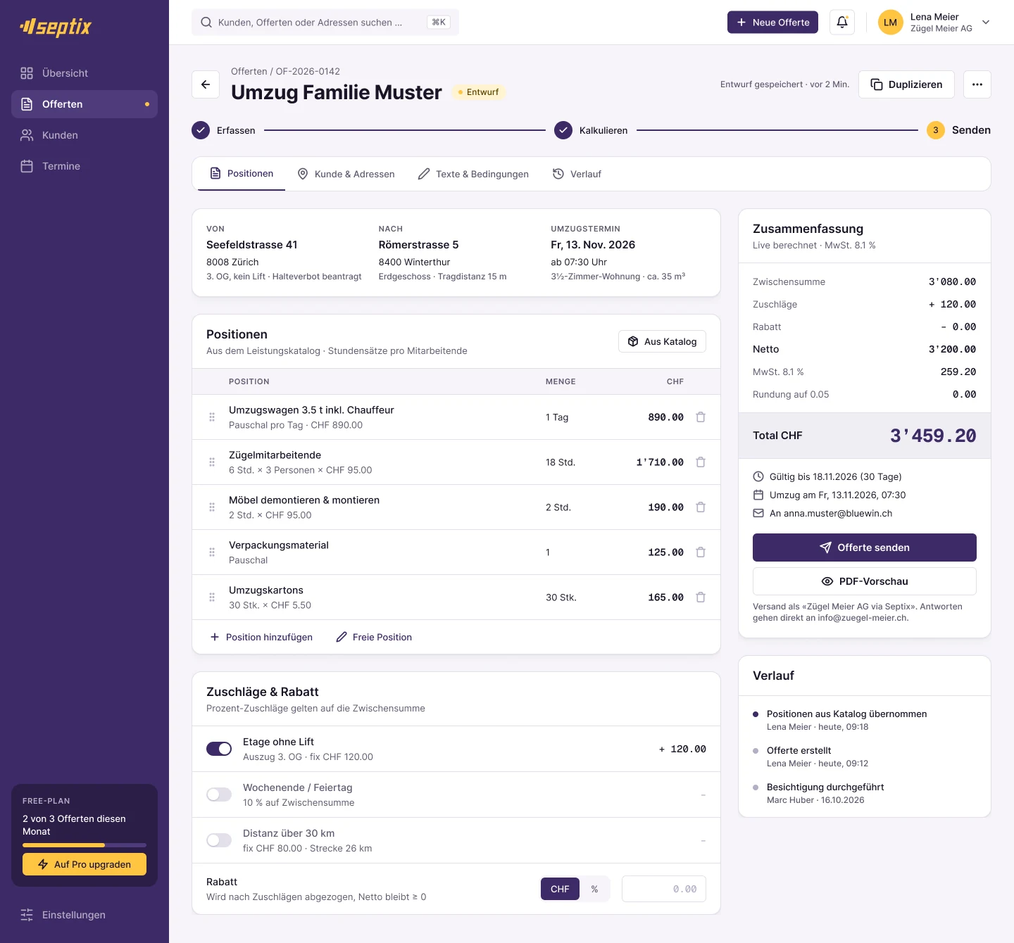 Offerten-Editor mit Fortschritt, Tabs, Positionen und Zusammenfassung