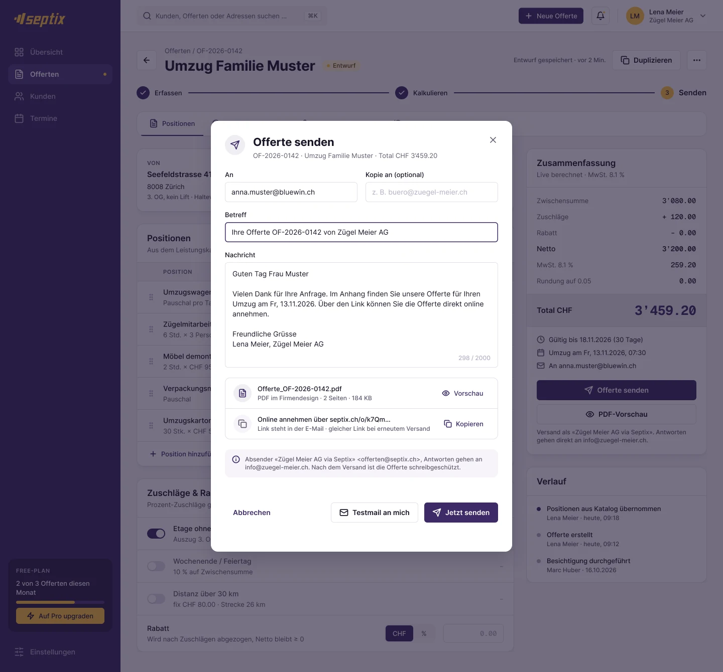 Dialog Offerte senden mit Empfänger, Betreff, Nachricht und Link zur Online-Annahme