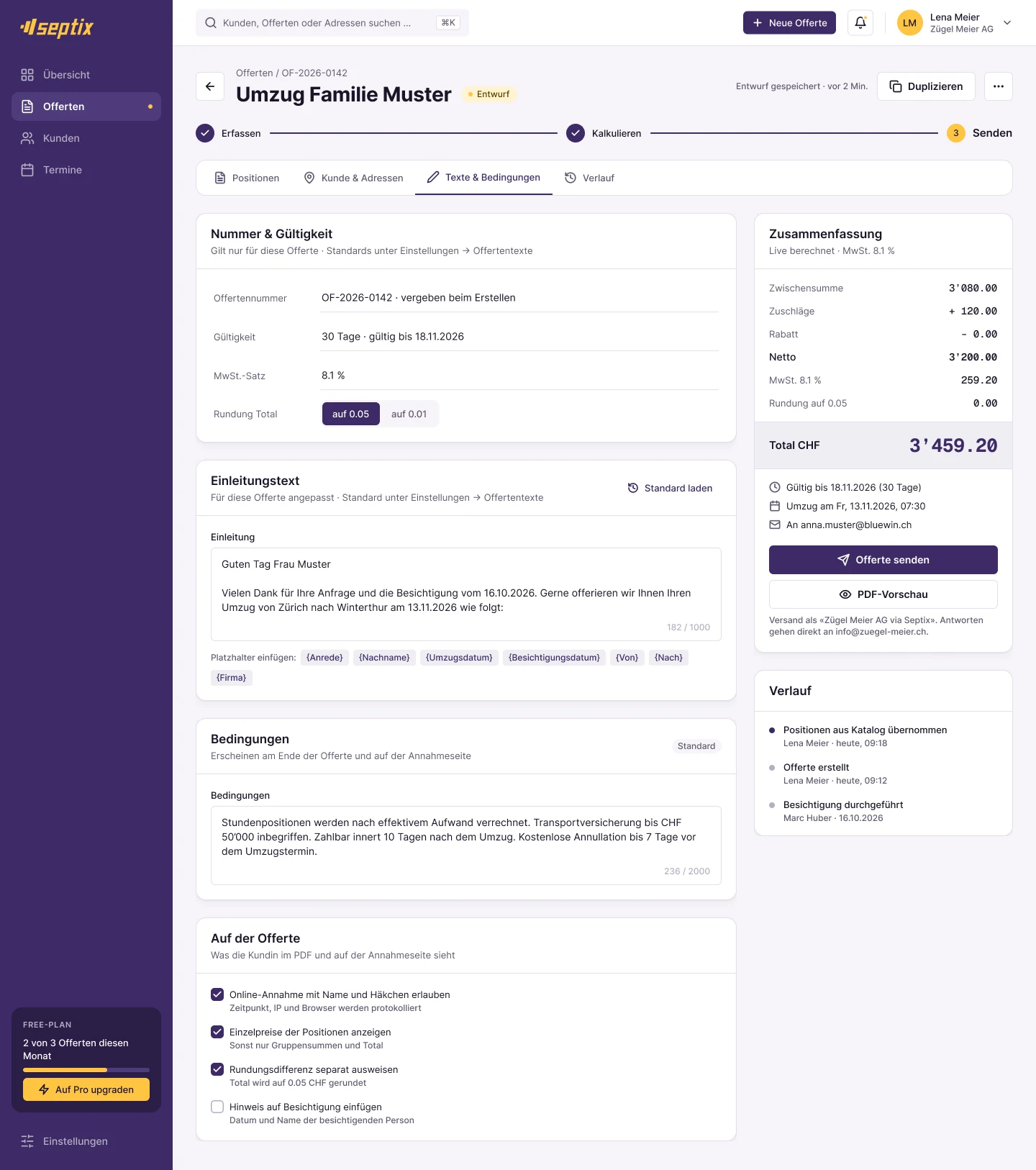 Tab Texte und Bedingungen mit Gültigkeit, Einleitung, Bedingungen und Schlusstext