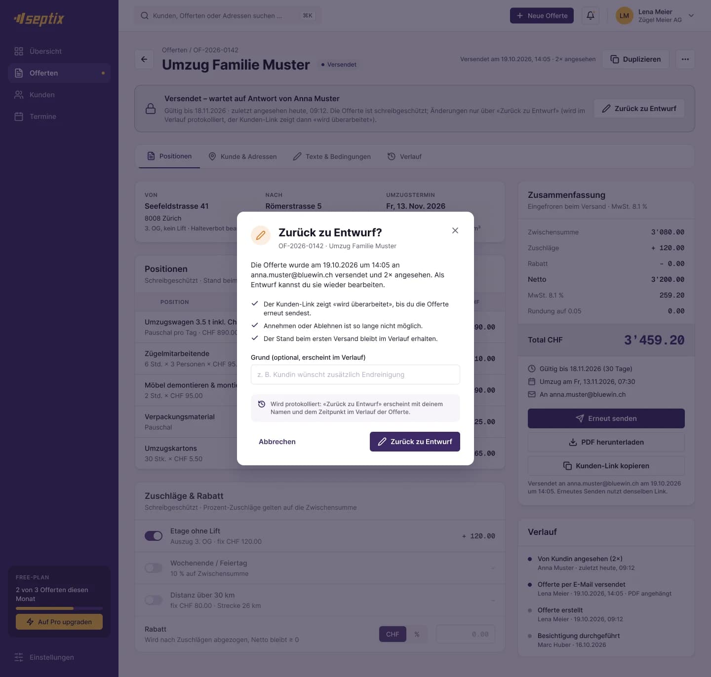 Dialog Zurück zu Entwurf mit Erklärung und optionalem Grund