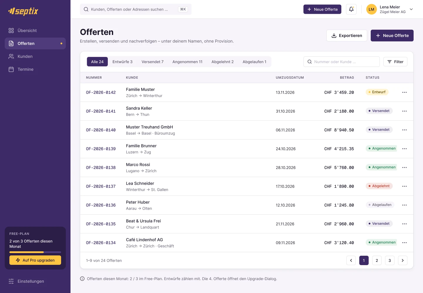Offertenliste mit Status-Tabs, Suche und Filter