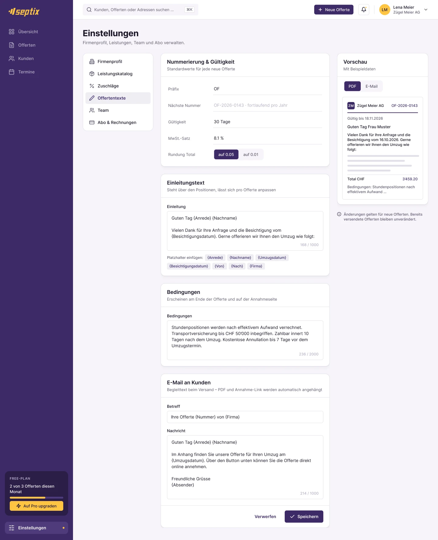 Einstellungen Offertentexte mit Nummerierung, Texten, Platzhaltern und Vorschau