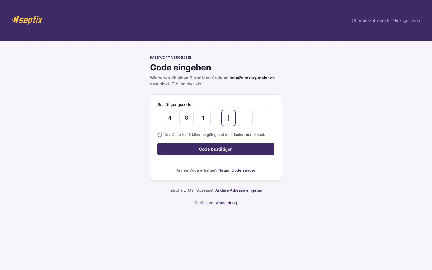 Passwort zurücksetzen: 6-stelligen Code eingeben