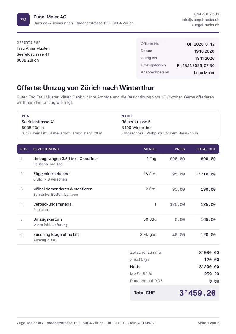 Offerten-PDF Seite 1 mit Firmenkopf, Adressen und Positionen