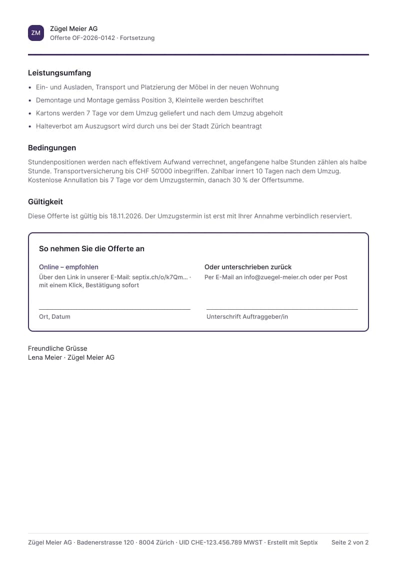 Offerten-PDF Seite 2 mit Bedingungen und Annahme