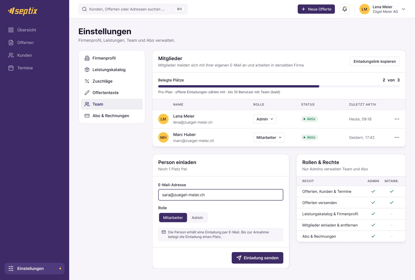 Einstellungen Team mit Mitgliedern, belegten Plätzen und Rollen