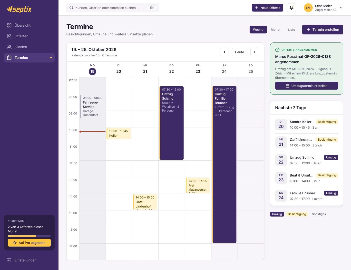 Kalender in der Wochenansicht mit Umzügen und Besichtigungen