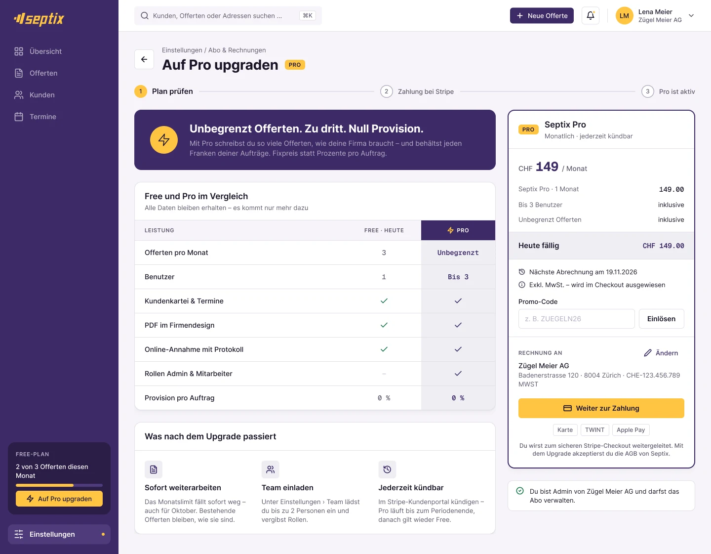 Upgrade-Seite mit Vergleich Free und Pro und Preis-Karte