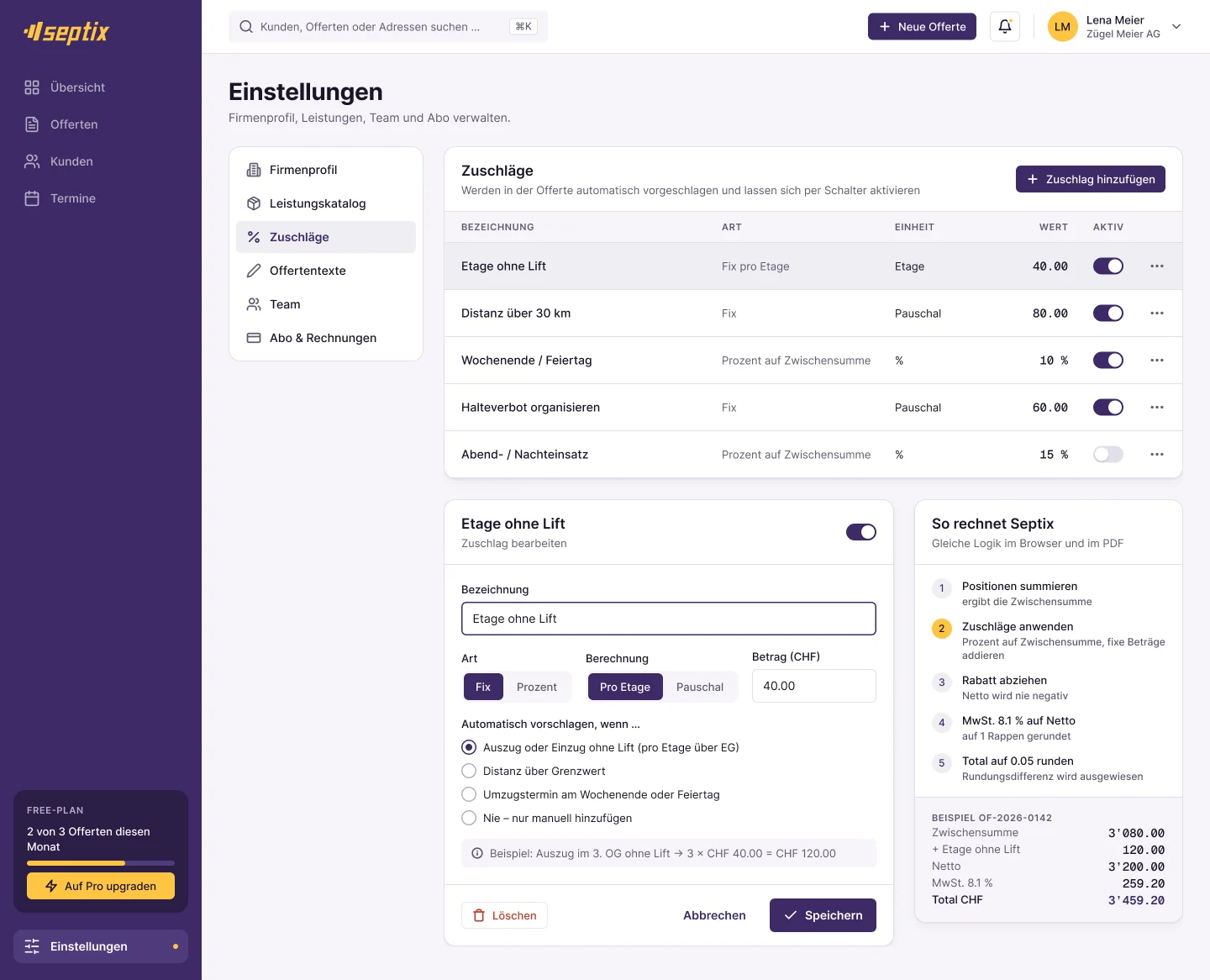 Einstellungen Zuschläge mit Liste, Bearbeiten-Karte und Rechenbeispiel