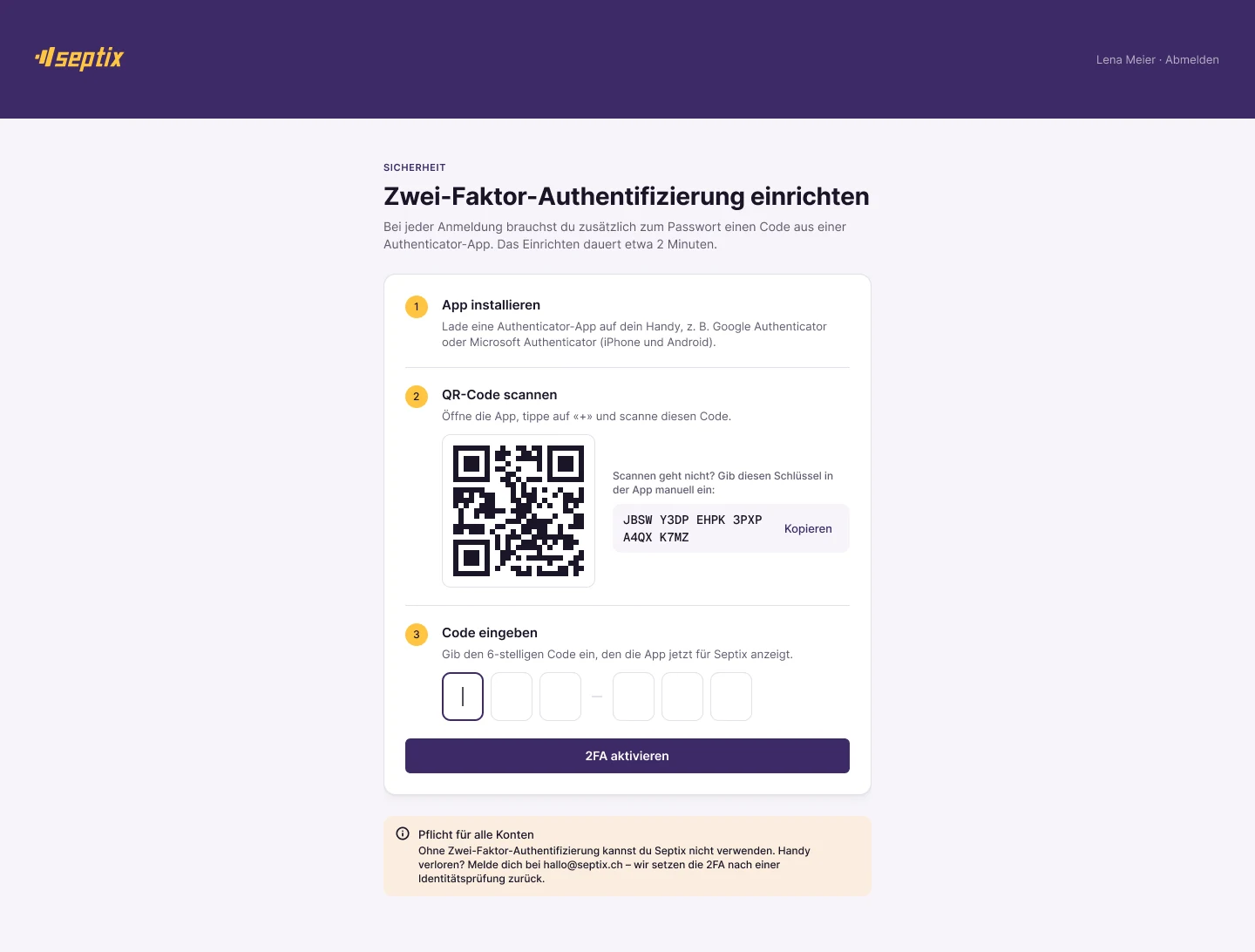 Zwei-Faktor-Authentifizierung einrichten mit QR-Code und Code-Eingabe